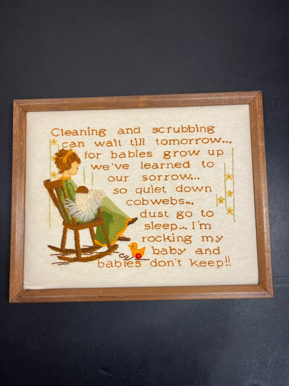 Vintage Needlepoint Embroidered Nursery Wall Art - Mother Rocking Baby